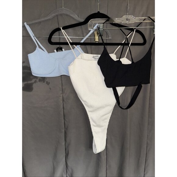 bershka cropped cami Bodysuit size XS (1) small (2) Lot Of 3 Blue Black White - Picture 5 of 16